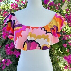 Trina Turk Womens Pink Orange Psychedelic Ruffle Off Shoulder Bikini Top Size 6